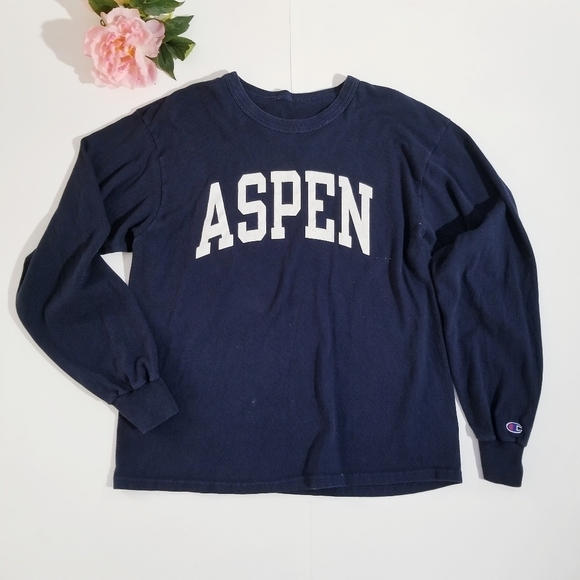 ASPEN CHAMPION Vintage 90s Pullover Sweatshirt Dark Navy w Logo - Picture 1 of 9